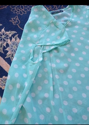 Turkuaz Puantiyeli V Yaka Bohem Bluz - Görsel 3