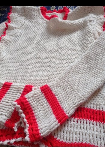 Beyaz Kırmızı Detaylı Örgü Bohem Kazak - Görsel 5