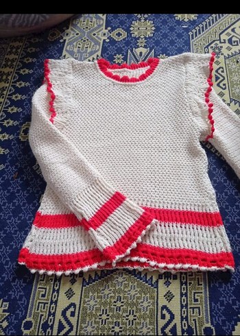 Beyaz Kırmızı Detaylı Örgü Bohem Kazak - Görsel 2