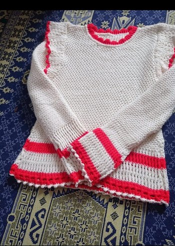 Beyaz Kırmızı Detaylı Örgü Bohem Kazak - Görsel 3