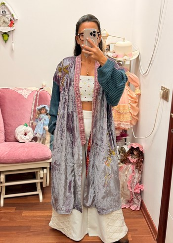 Diğer Bohem Mor Pembe Uzun Kimono