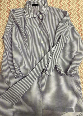 Gri Çizgili Pamuklu Kadın Gömlek - Görsel 2
