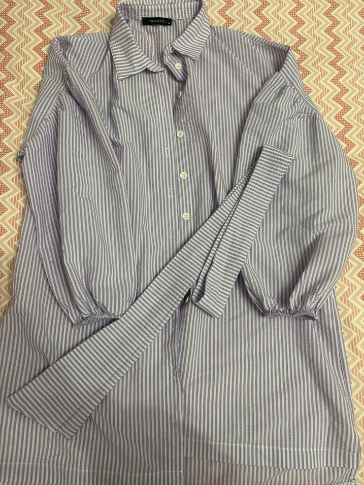 Gri Çizgili Pamuklu Kadın Gömlek - Görsel 2