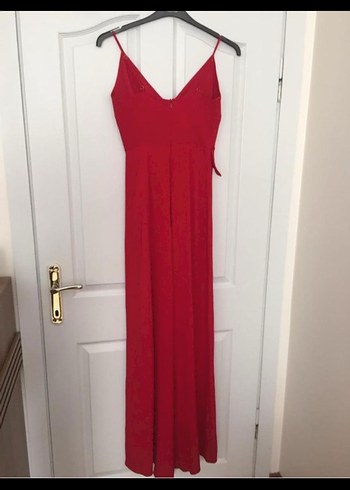 Kırmızı Uzun V Yaka Drapeli Elbise - Görsel 2