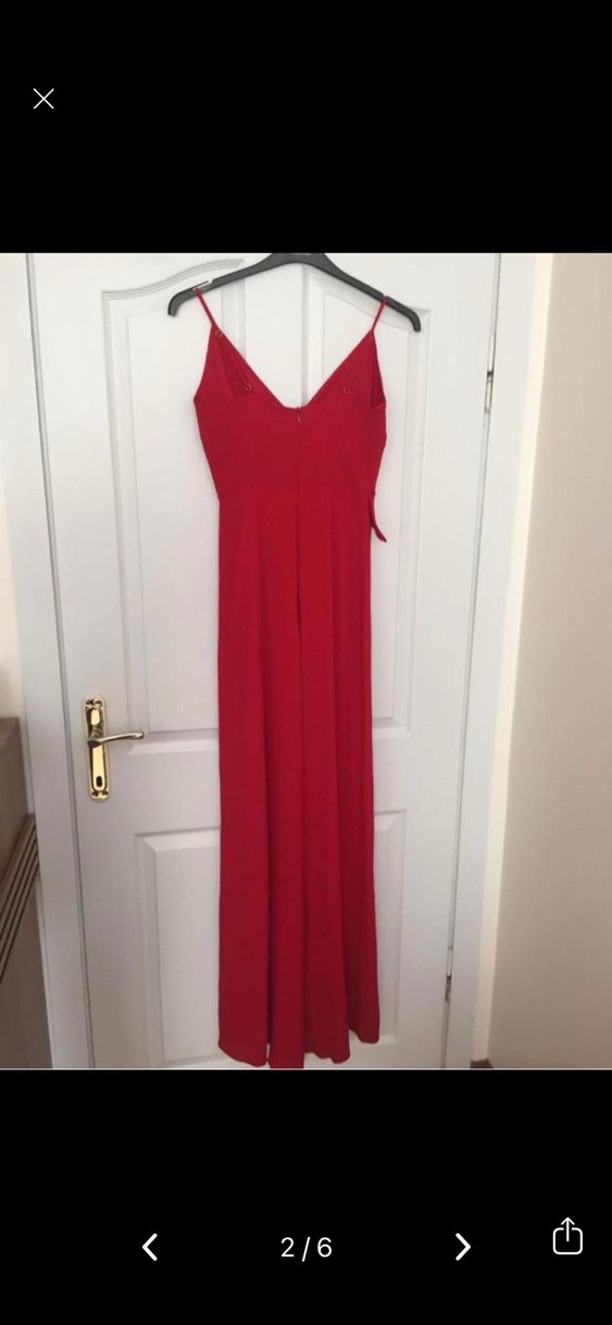 Kırmızı Uzun V Yaka Drapeli Elbise - Görsel 2