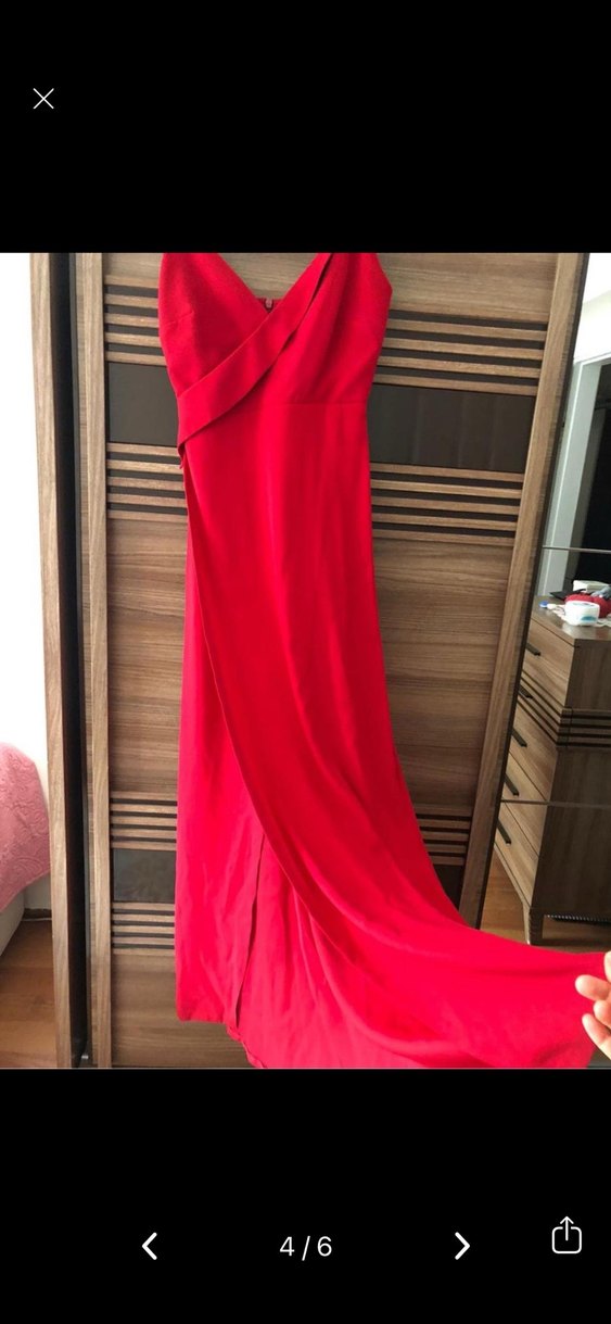 Kırmızı Uzun V Yaka Drapeli Elbise - Görsel 4