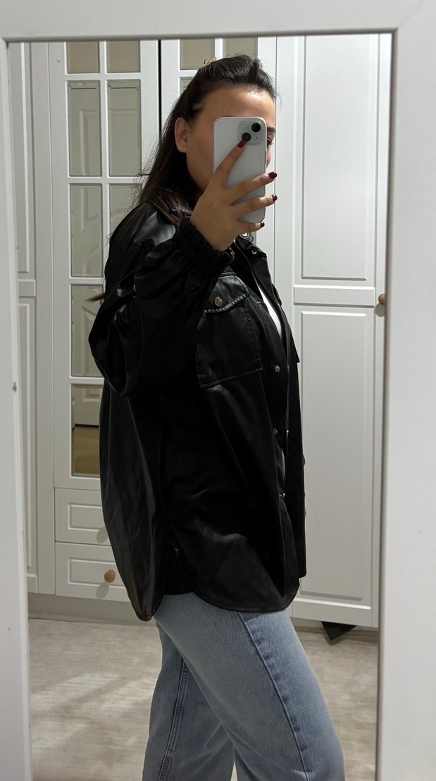 Düğmeli Siyah Deri Kadın Ceket - Görsel 2