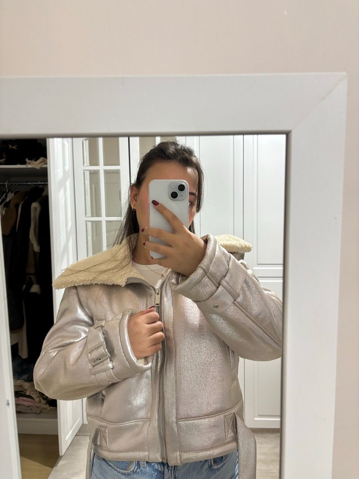 Gri Metalik Kürklü Kadın Kışlık Ceket - Görsel 3