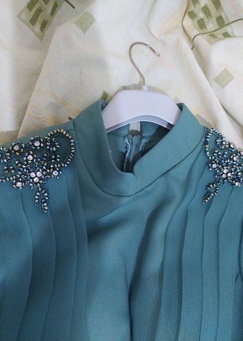 Yeşil Uzun Kollu Drapeli Abiye Elbise - Görsel 4