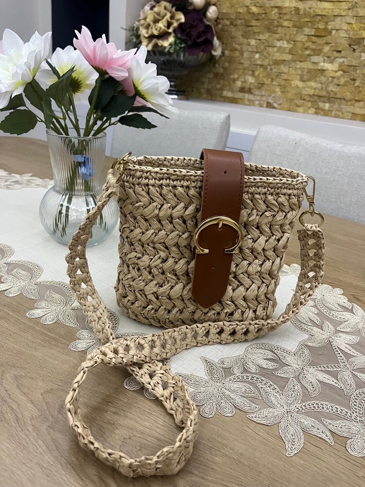 Bej Örgü Kadın Çanta Kemer Detaylı - Görsel 3