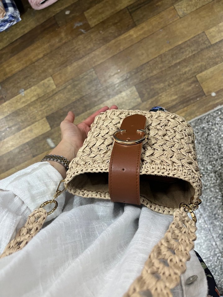 Bej Örgü Kadın Çanta Kemer Detaylı - Görsel 4
