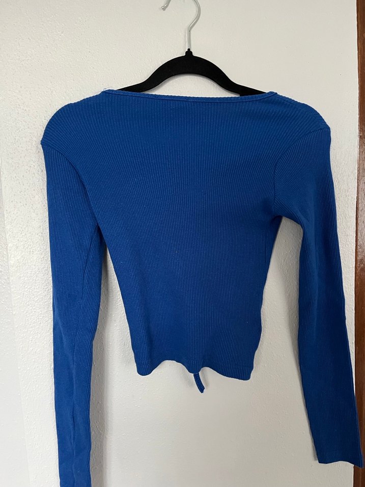 Mavi V Yaka Uzun Kollu Triko Bluz - Görsel 2