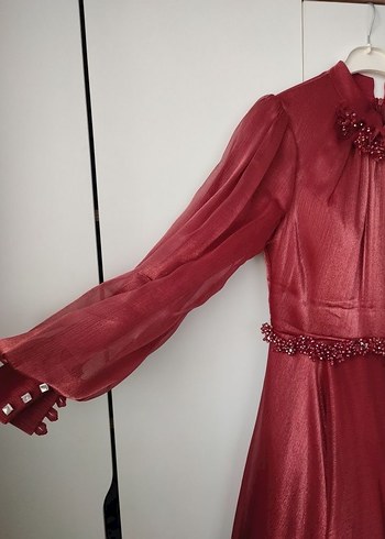 Bordo Uzun Kollu Kadın Abiye Elbise - Görsel 2