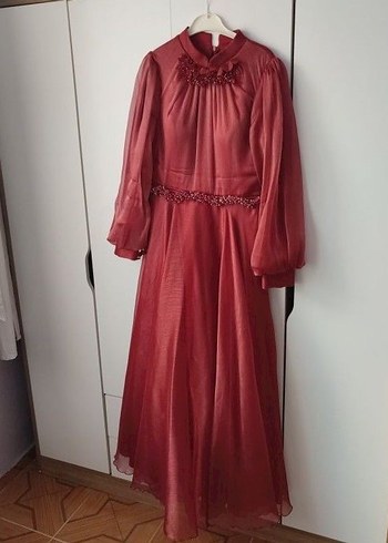 Bordo Uzun Kollu Kadın Abiye Elbise - Görsel 3