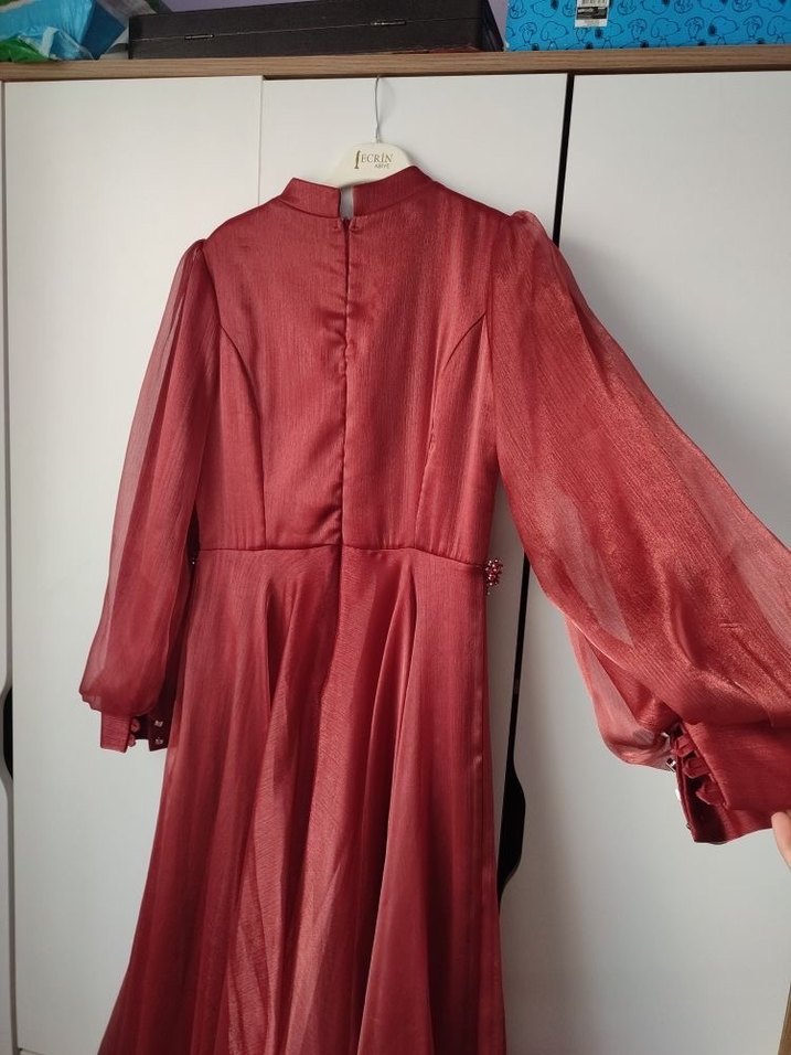 Bordo Uzun Kollu Kadın Abiye Elbise - Görsel 4