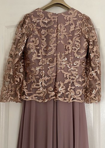 Uzun Kollu Bej Desenli Abiye Elbise - Görsel 3