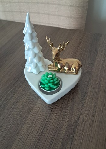 Beyaz Kalp Şeklinde Geyikli Mumluk - Görsel 2