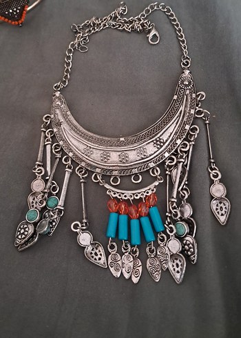 Uzun Etnik Turkuaz Taşlı Bohem Kolye - Görsel 3