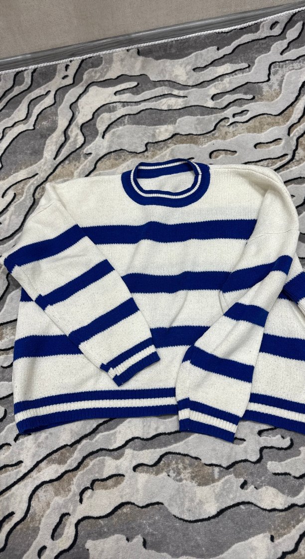 Mavi Beyaz Çizgili Kadın Triko Kazak - Görsel 2