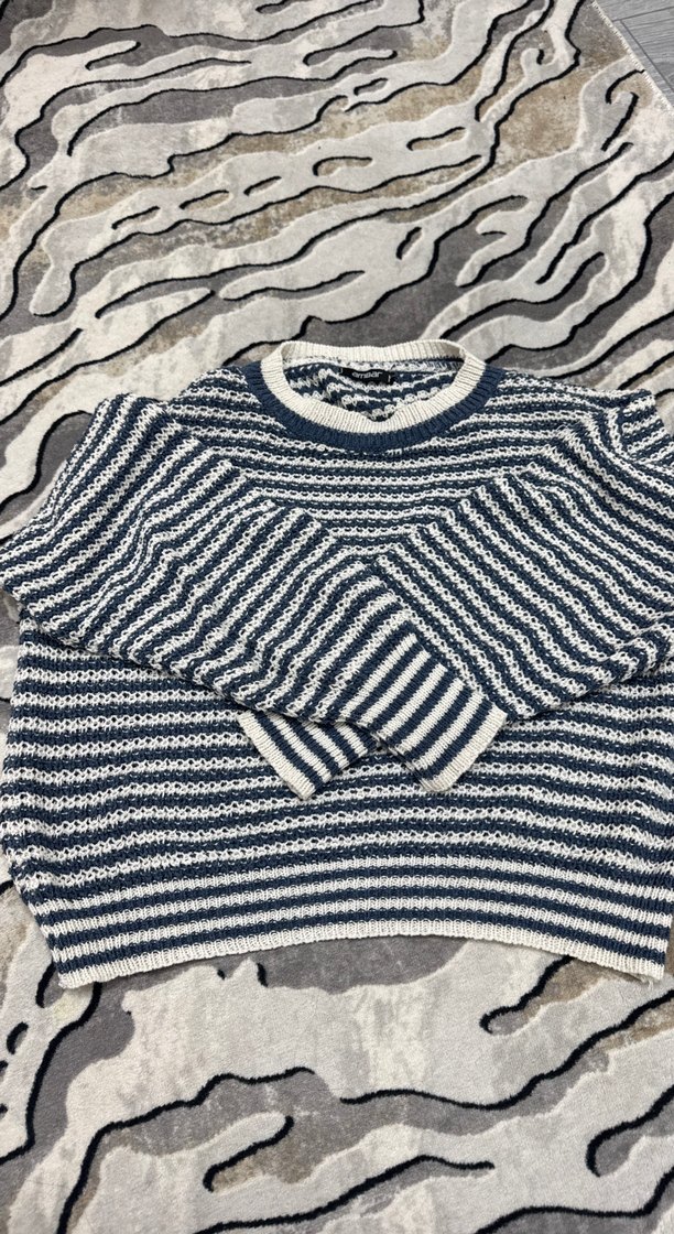 Mavi Çizgili Örgü Kadın Kazak - Görsel 3