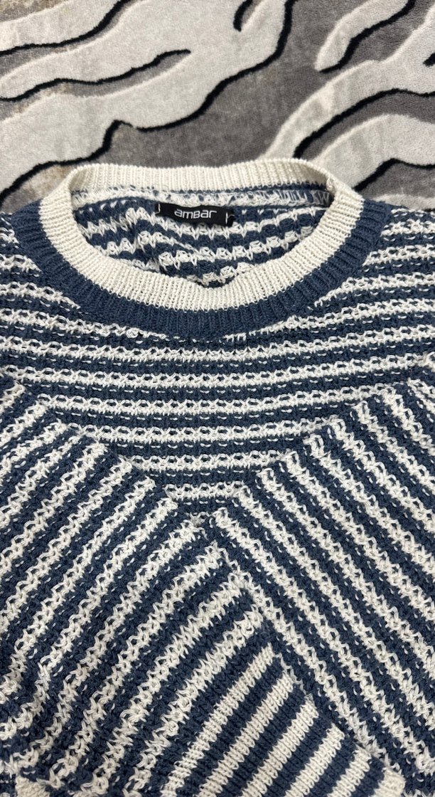 Mavi Çizgili Örgü Kadın Kazak - Görsel 2