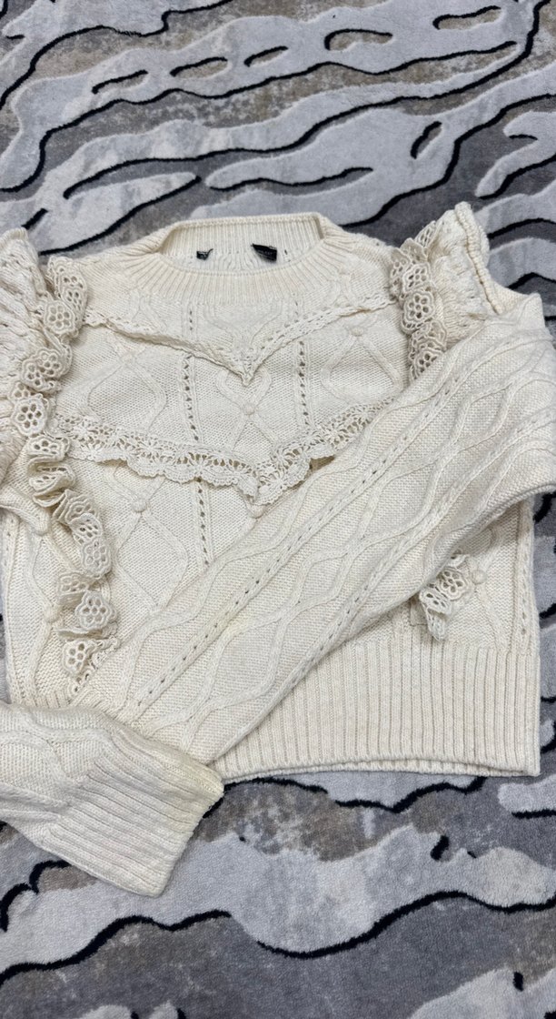 Nakışlı Bohem Beyaz Örgü Kazak - Görsel 2