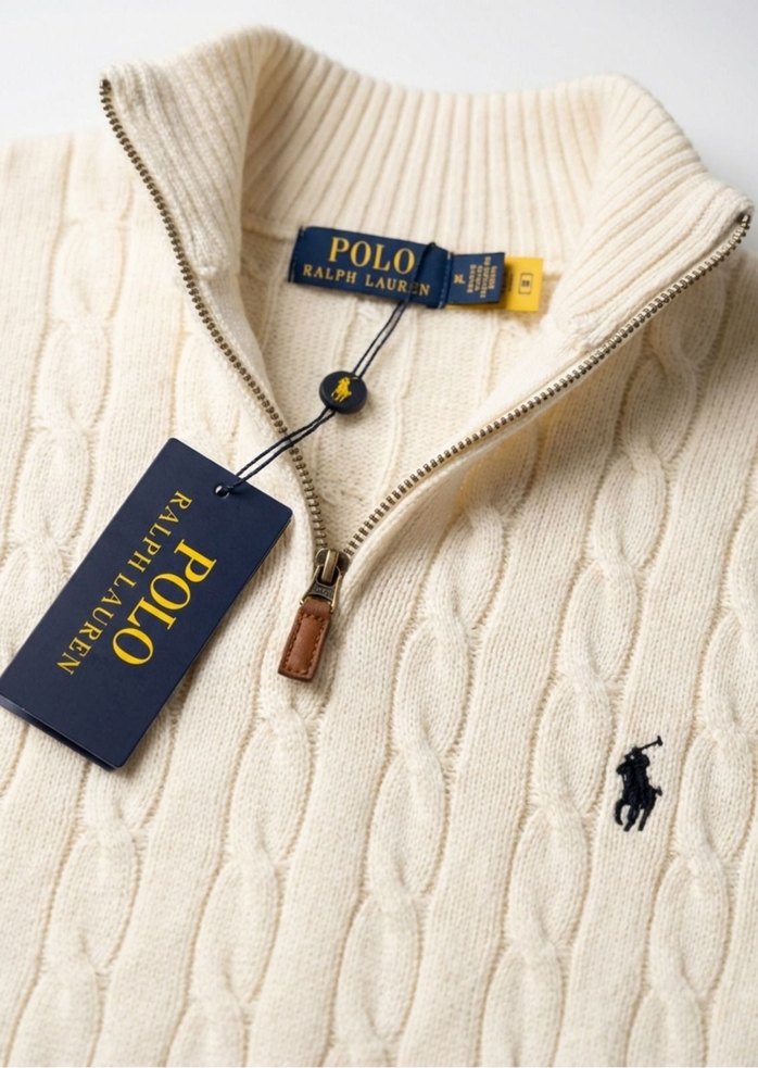 Erkek Beyaz Örgü Yarım Fermuarlı Yün Kazak - Görsel 2