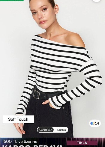 Siyah Beyaz Çizgili Kayık Yaka Bluz - Görsel 2