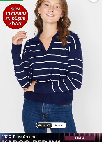Mavi Çizgili V Yaka Kadın Triko - Görsel 3