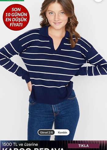 Mavi Çizgili V Yaka Kadın Triko - Görsel 2