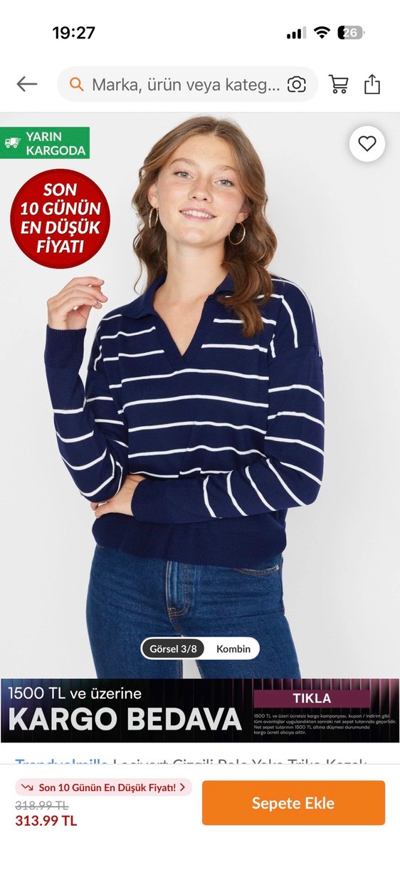 Mavi Çizgili V Yaka Kadın Triko - Görsel 3