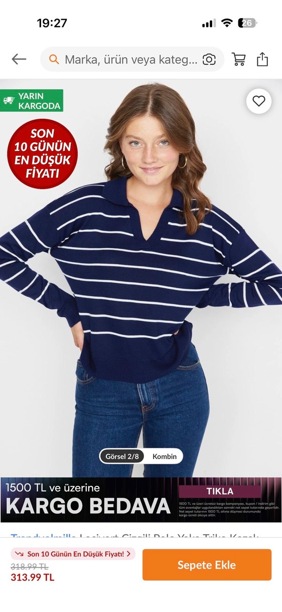 Mavi Çizgili V Yaka Kadın Triko - Görsel 2