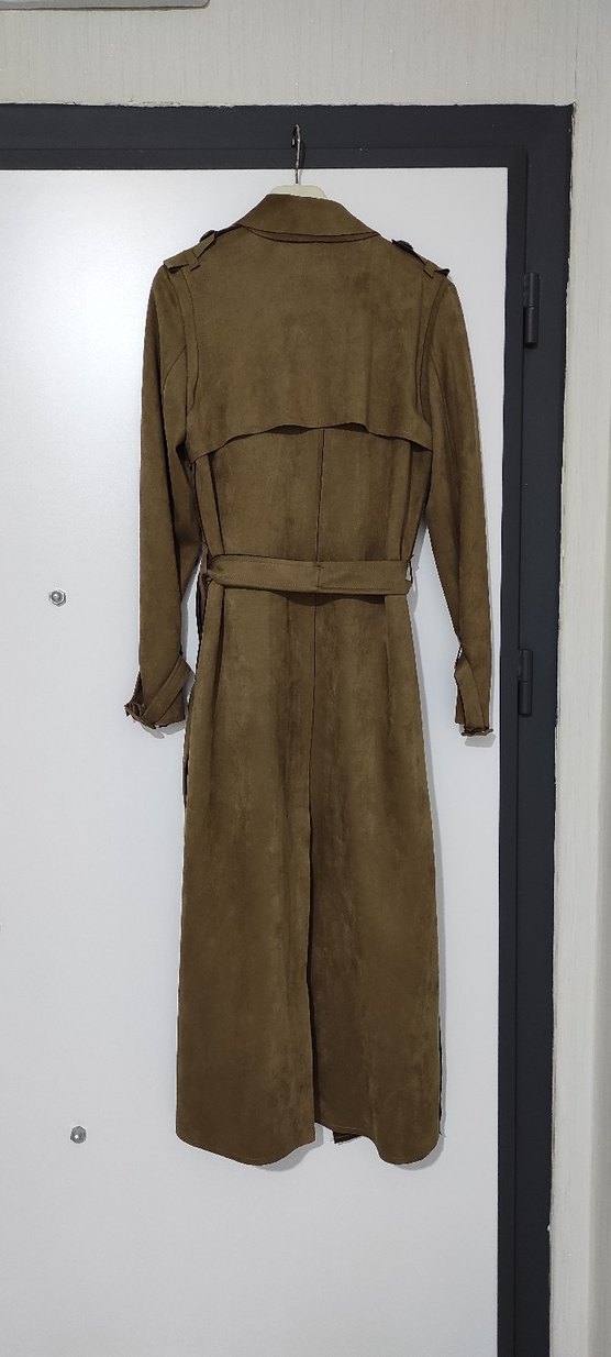 kahverengi Süet Uzun Kuşaklı Kadın Trençkot - Görsel 2