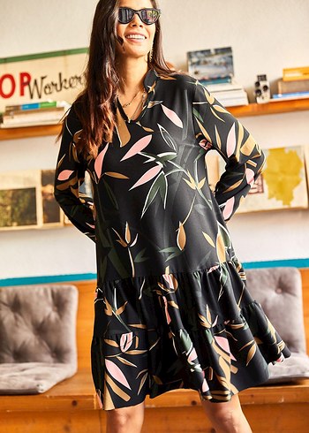 Uzun Kollu Siyah Desenli Bohem Elbise - Görsel 2