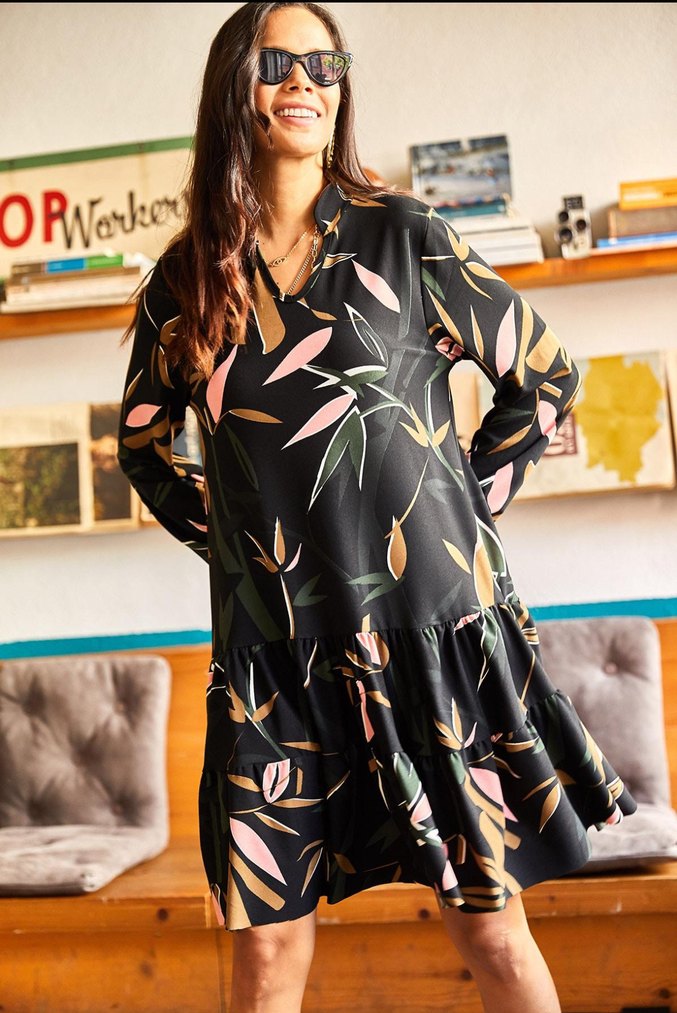 Uzun Kollu Siyah Desenli Bohem Elbise - Görsel 2