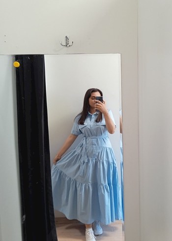 Mavi Pamuklu Uzun Elbise - Görsel 4