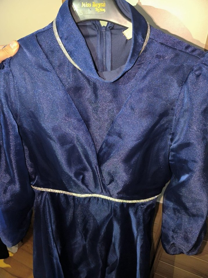 Vintage Lacivert Uzun Kollu Abiye Elbise(şal dahil) defosuz - Görsel 4