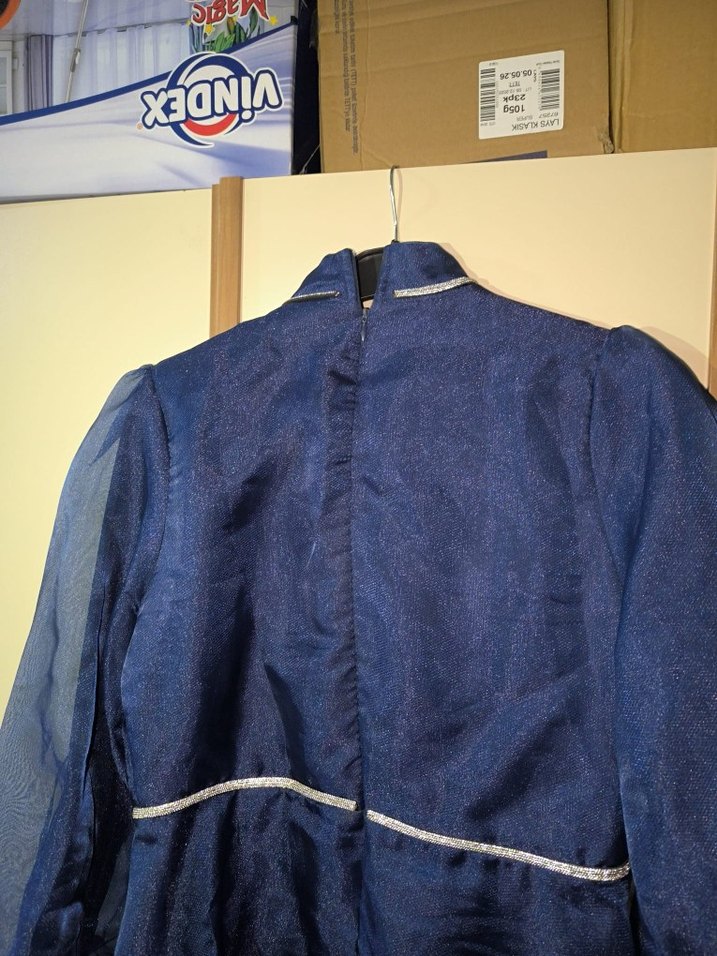 Vintage Lacivert Uzun Kollu Abiye Elbise(şal dahil) defosuz - Görsel 3