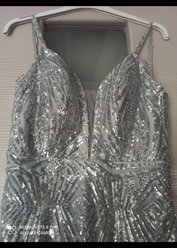 Gri V Yaka Uzun Abiye Elbise - Görsel 2