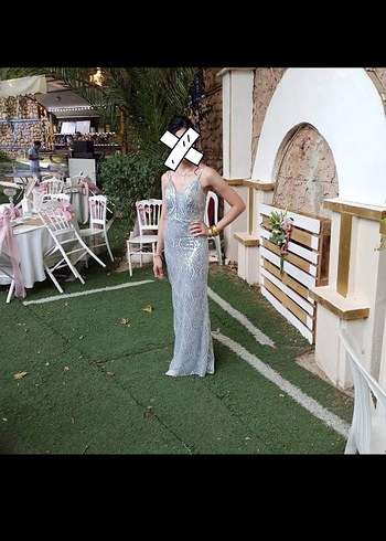 Gri V Yaka Uzun Abiye Elbise - Görsel 3