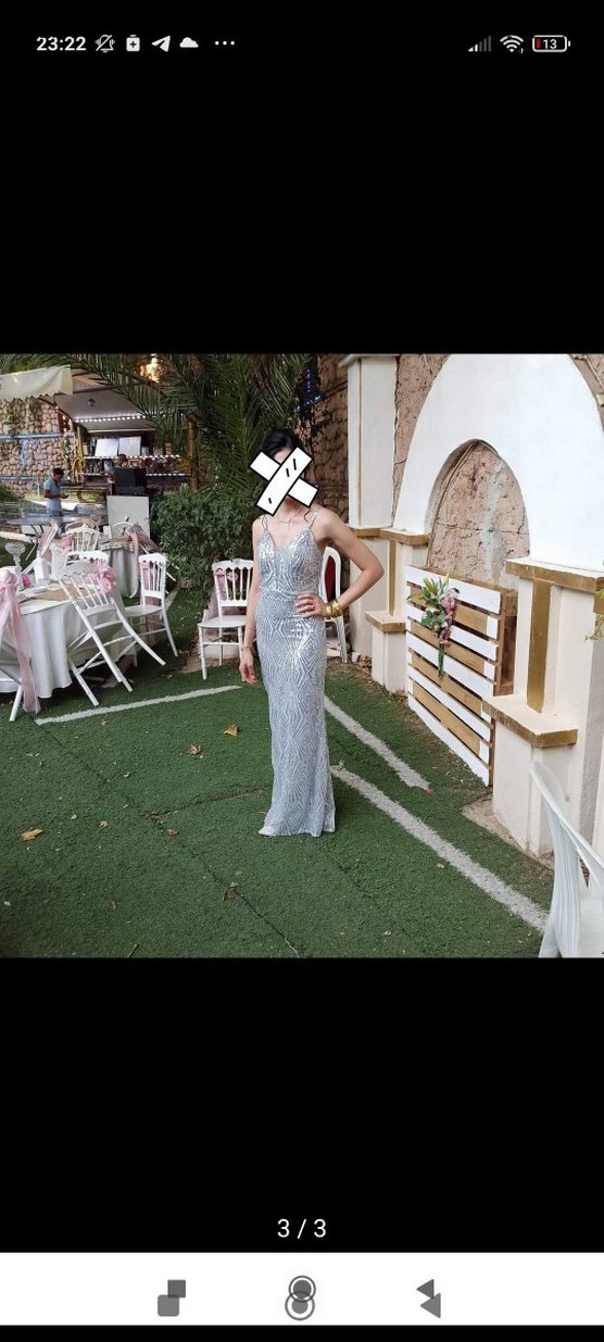 Gri V Yaka Uzun Abiye Elbise - Görsel 3