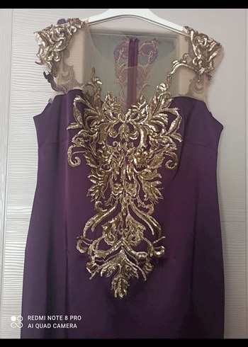 Mor İşlemeli Uzun Abiye Elbise - Görsel 3