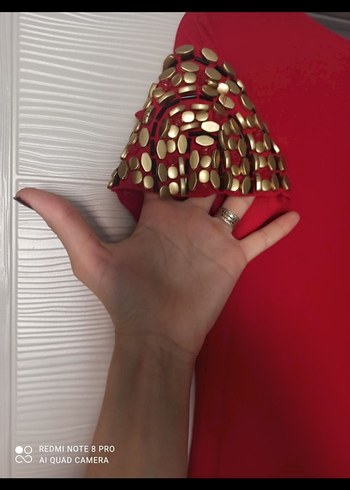 Kırmızı Drapeli Kısa Kollu Uzun Abiye Elbise - Görsel 3