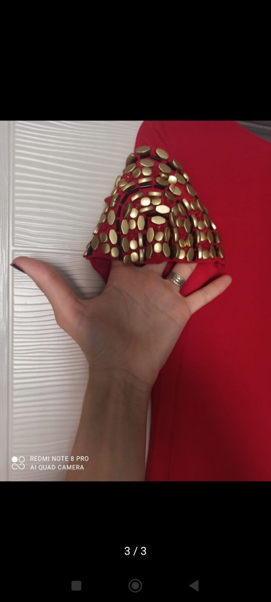 Kırmızı Drapeli Kısa Kollu Uzun Abiye Elbise - Görsel 3