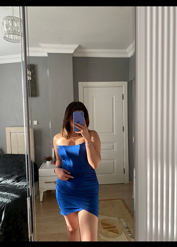 Mavi Straplez Midi Abiye Elbise - Görsel 2