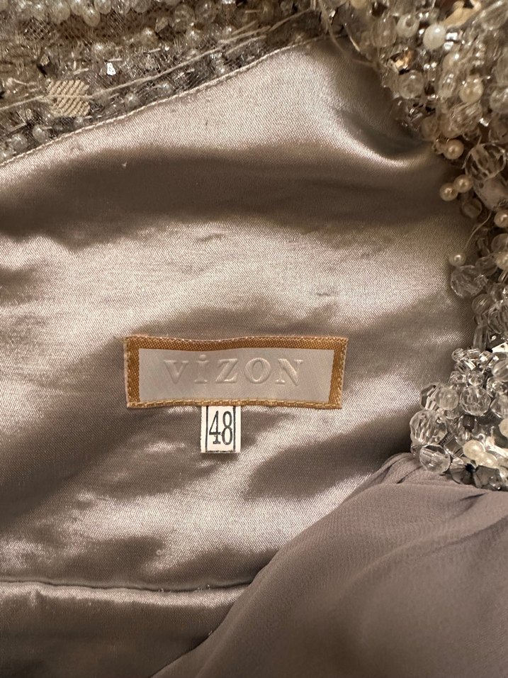 Bej Drapeli V Yaka Uzun Abiye Şifon Elbise - Görsel 3