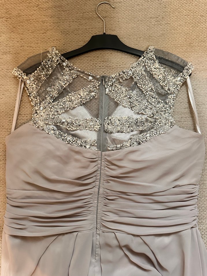 Bej Drapeli V Yaka Uzun Abiye Şifon Elbise - Görsel 4