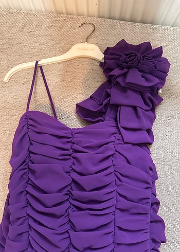 Mor Pilili Uzun Tek Omuz Elbise - Görsel 2