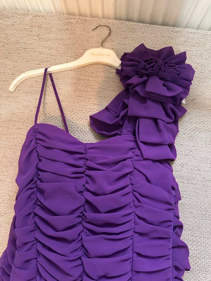 Mor Pilili Uzun Tek Omuz Elbise - Görsel 2