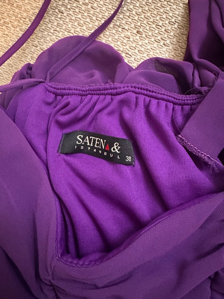 Mor Pilili Uzun Tek Omuz Elbise - Görsel 3